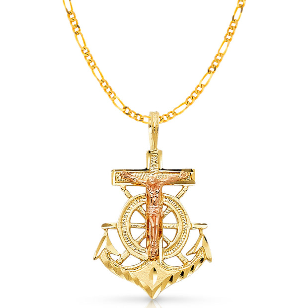 14K Gold Crucifix Anchor Charm Pendant with 3.8mm Figaro 3+1 Chain Necklace