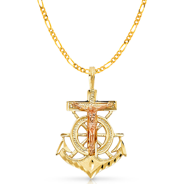 14K Gold Crucifix Anchor Charm Pendant with 3.8mm Figaro 3+1 Chain Necklace