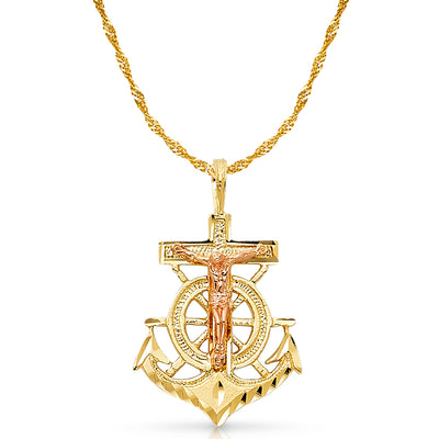 14K Gold Crucifix Anchor Charm Pendant with 1.8mm Singapore Chain Necklace