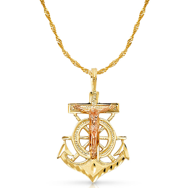 14K Gold Crucifix Anchor Charm Pendant with 1.8mm Singapore Chain Necklace