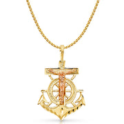 14K Gold Crucifix Anchor Charm Pendant with 2mm Flat Open Wheat Chain Necklace