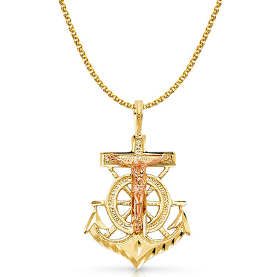 14K Gold Crucifix Anchor Charm Pendant with 2mm Flat Open Wheat Chain Necklace