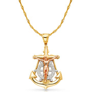 14K Gold Crucifix Anchor Charm Pendant with 1.8mm Singapore Chain Necklace