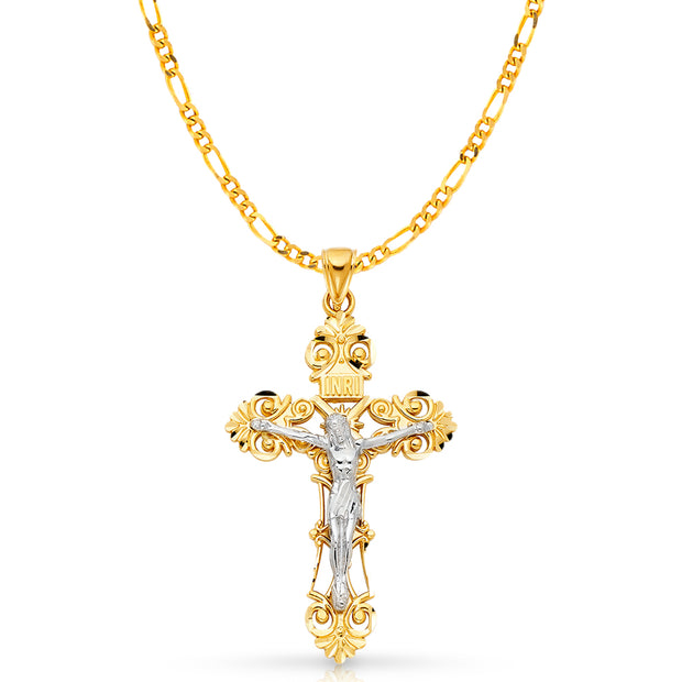 14K Gold Crucifix Charm Pendant with 4.5mm Figaro 3+1 Chain Necklace