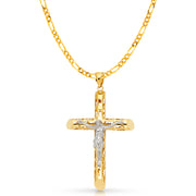 14K Gold Crucifix Charm Pendant with 4.5mm Figaro 3+1 Chain Necklace