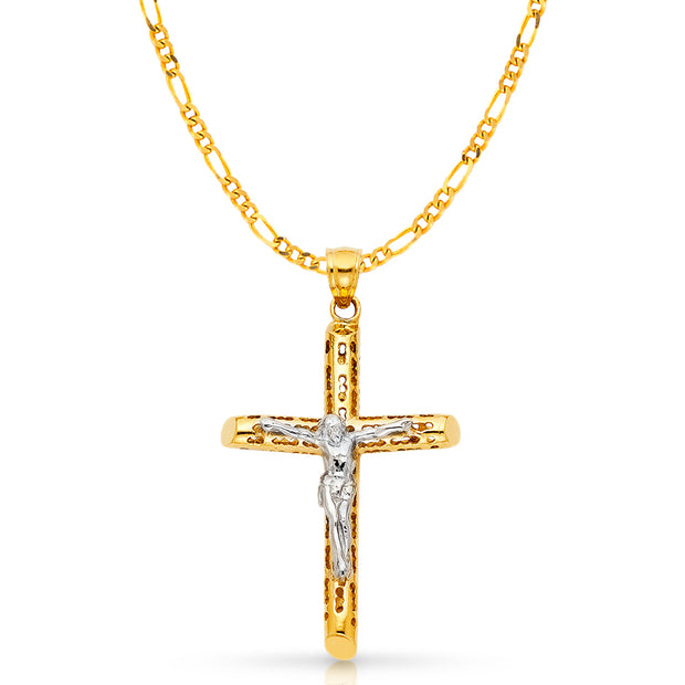 14K Gold Crucifix Charm Pendant with 3.1mm Figaro 3+1 Chain Necklace