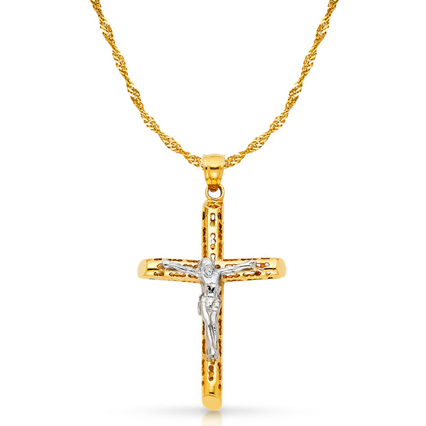 14K Gold Crucifix Charm Pendant with 1.8mm Singapore Chain Necklace