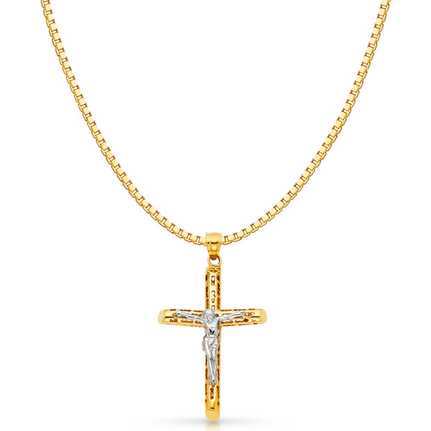 14K Gold Religious Crucifix Charm Pendant with 1.2mm Box Chain Necklace