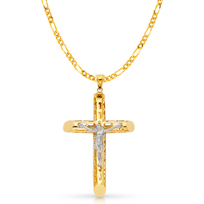 14K Gold Crucifix Charm Pendant with 3.8mm Figaro 3+1 Chain Necklace