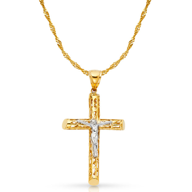 14K Gold Crucifix Charm Pendant with 1.8mm Singapore Chain Necklace