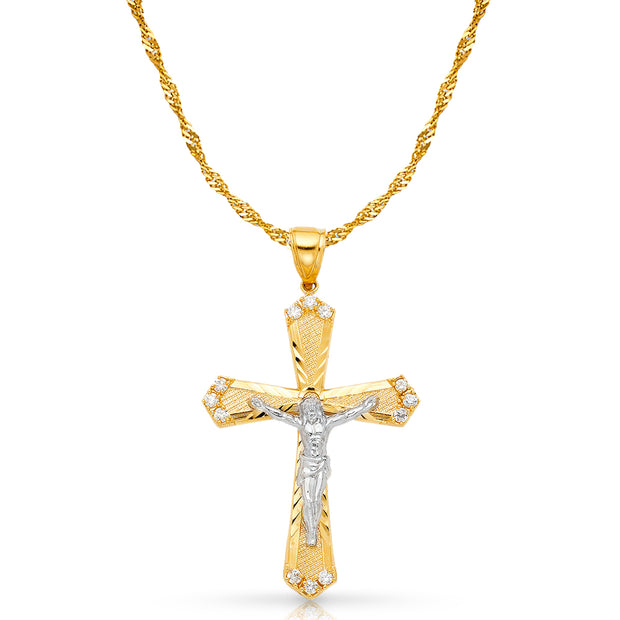 14K Gold CZ Crucifix Charm Pendant with 1.8mm Singapore Chain Necklace