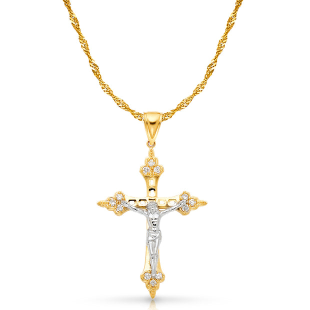 14K Gold CZ Crucifix Charm Pendant with 1.8mm Singapore Chain Necklace