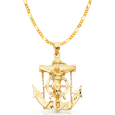 14K Gold Mariner Crucifix Charm Pendant with 3.8mm Figaro 3+1 Chain Necklace