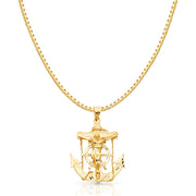 14K Gold Mariner Religious Crucifix Charm Pendant with 1.2mm Box Chain Necklace