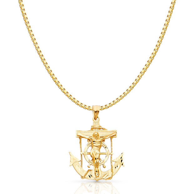 14K Gold Mariner Religious Crucifix Charm Pendant with 1.2mm Box Chain Necklace