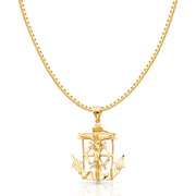 14K Gold Mariner Religious Crucifix Charm Pendant with 1.2mm Box Chain Necklace