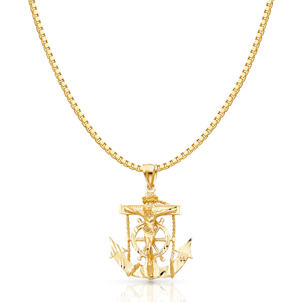 14K Gold Mariner Religious Crucifix Charm Pendant with 1.2mm Box Chain Necklace