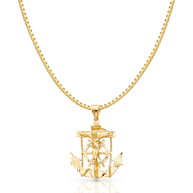 14K Gold Mariner Religious Crucifix Charm Pendant with 1.2mm Box Chain Necklace