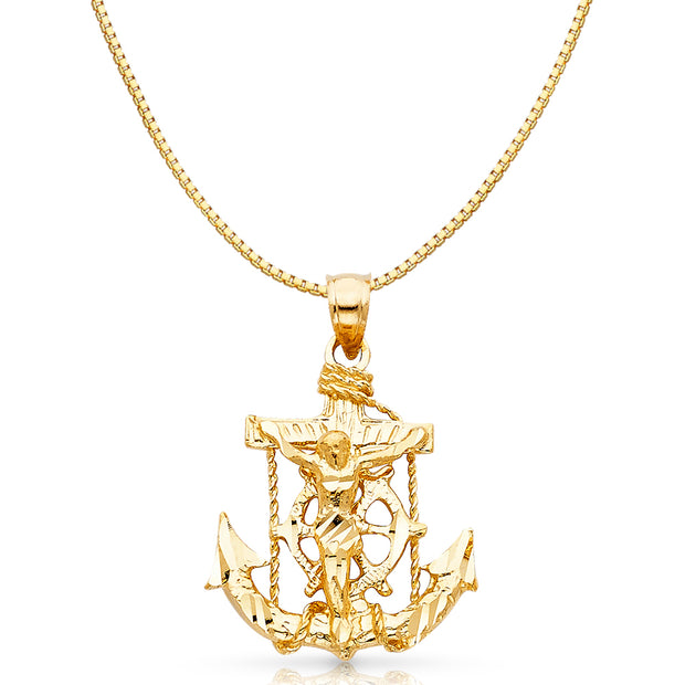 14K Gold Mariner Religious Crucifix Charm Pendant with 0.8mm Box Chain Necklace