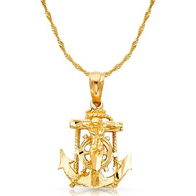 14K Gold Mariner Crucifix Charm Pendant with 1.2mm Singapore Chain Necklace