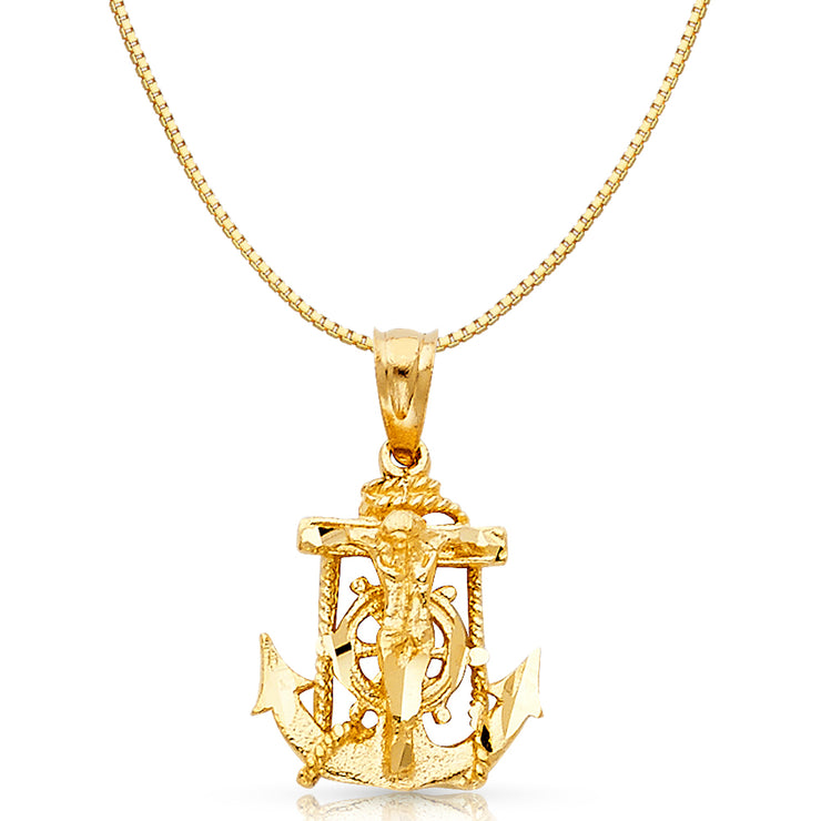 14K Gold Mariner Religious Crucifix Charm Pendant with 0.8mm Box Chain Necklace