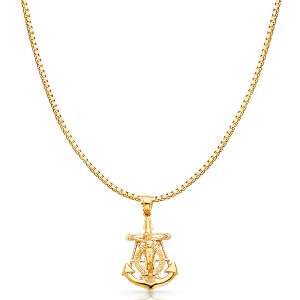 14K Gold Mariner Religious Crucifix Charm Pendant with 1.2mm Box Chain Necklace