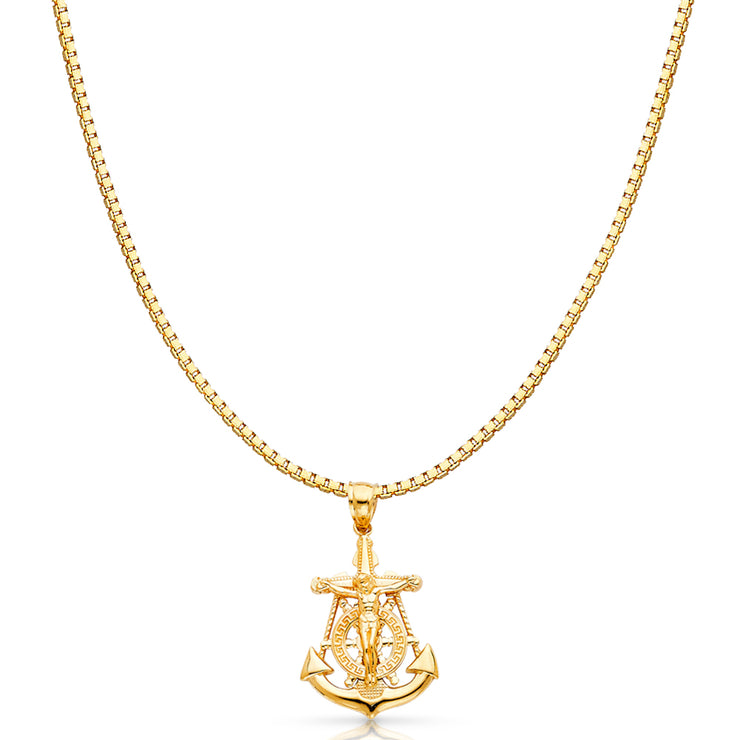 14K Gold Mariner Religious Crucifix Charm Pendant with 1.2mm Box Chain Necklace