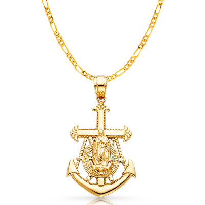 14K Gold Guadalupe Charm Pendant with 3.1mm Figaro 3+1 Chain Necklace