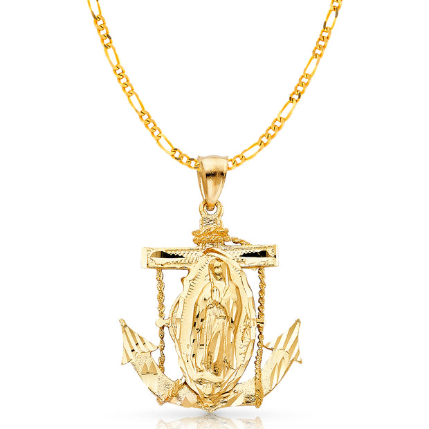 14K Gold Guadalupe Charm Pendant with 3.8mm Figaro 3+1 Chain Necklace
