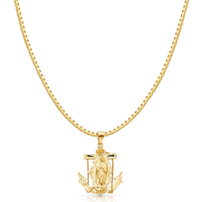 14K Gold Religious Guadalupe Charm Pendant with 1.2mm Box Chain Necklace