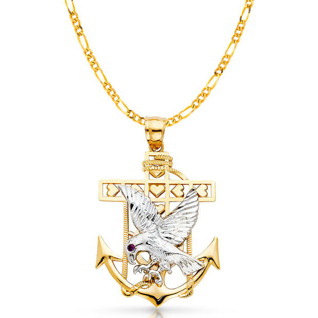 14K Gold Mariner Eagle Charm Pendant with 3.8mm Figaro 3+1 Chain Necklace