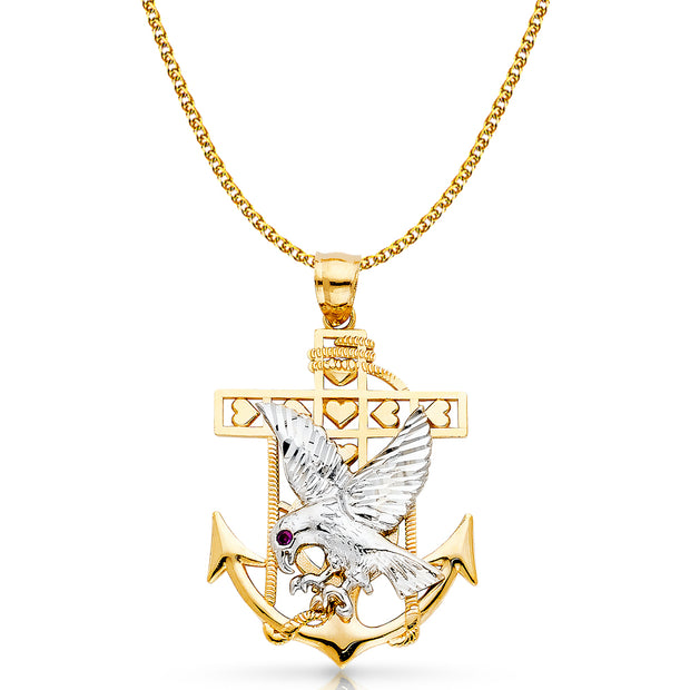 14K Gold Mariner Eagle Charm Pendant with 2mm Flat Open Wheat Chain Necklace