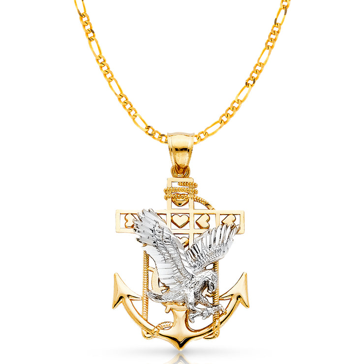 14K Gold Mariner Eagle Charm Pendant with 3.1mm Figaro 3+1 Chain Necklace