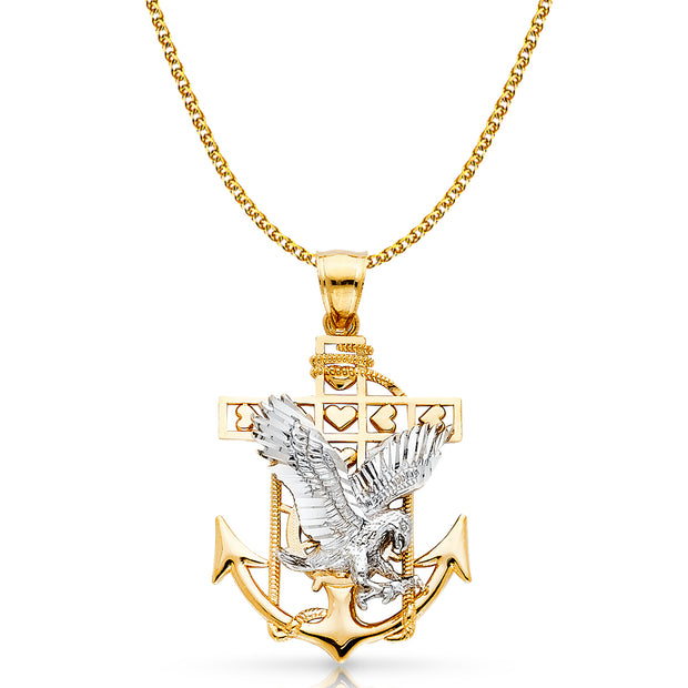 14K Gold Mariner Eagle Charm Pendant with 1.7mm Flat Open Wheat Chain Necklace