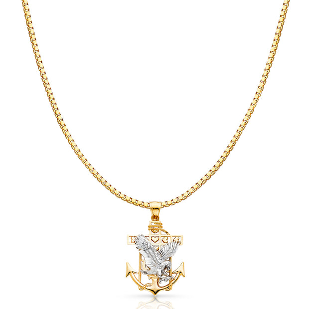 14K Gold Mariner Eagle Charm Pendant with 1.2mm Box Chain Necklace