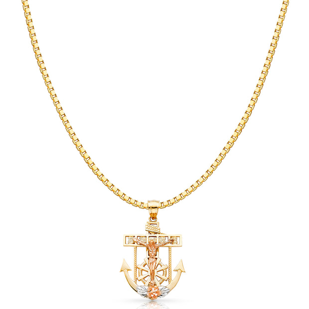 14K Gold Mariner Religious Crucifix Charm Pendant with 1.2mm Box Chain Necklace