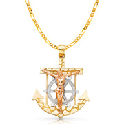 14K Gold Mariner Crucifix Charm Pendant with 3.1mm Figaro 3+1 Chain Necklace