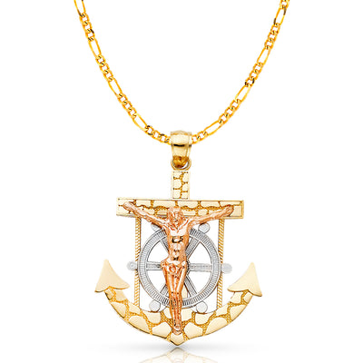 14K Gold Mariner Crucifix Charm Pendant with 3.1mm Figaro 3+1 Chain Necklace