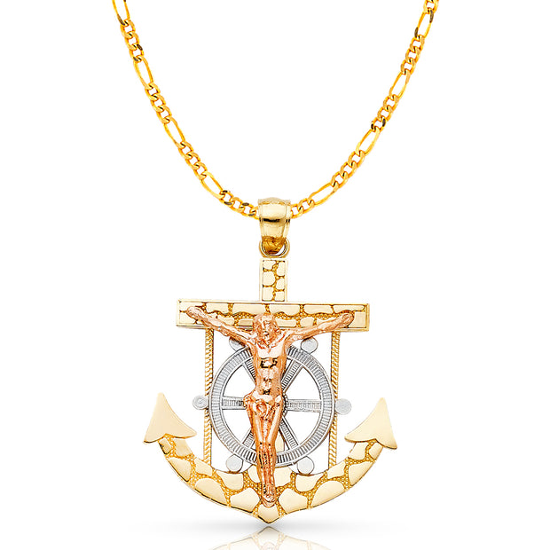 14K Gold Mariner Crucifix Charm Pendant with 3.1mm Figaro 3+1 Chain Necklace