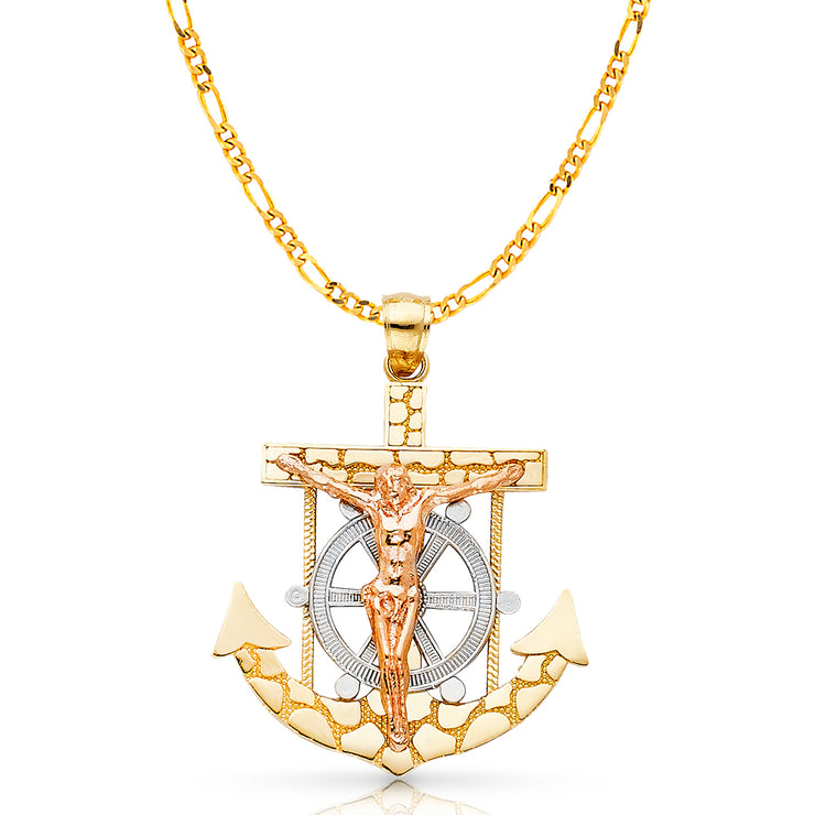 14K Gold Mariner Crucifix Charm Pendant with 3.1mm Figaro 3+1 Chain Necklace