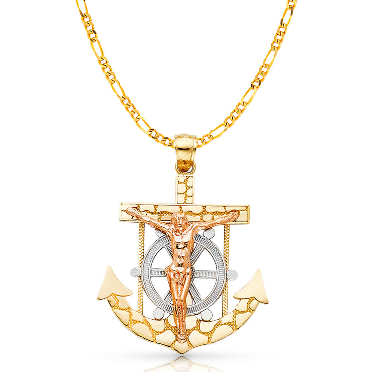 14K Gold Mariner Crucifix Charm Pendant with 3.1mm Figaro 3+1 Chain Necklace