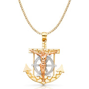 14K Gold Mariner Crucifix Charm Pendant with 4.2mm Hollow Cuban Chain Necklace