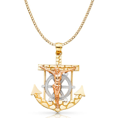 14K Gold Mariner Crucifix Charm Pendant with 4.2mm Hollow Cuban Chain Necklace