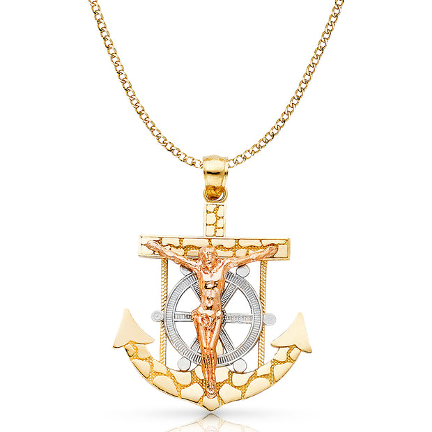 14K Gold Mariner Crucifix Charm Pendant with 4.2mm Hollow Cuban Chain Necklace