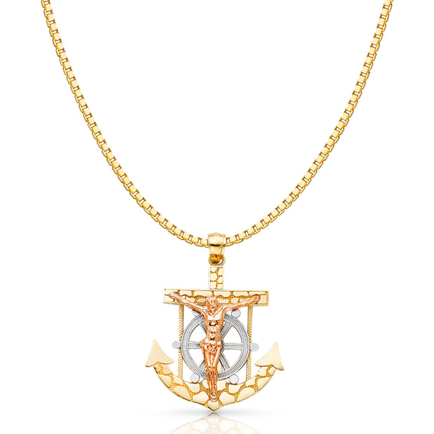 14K Gold Mariner Religious Crucifix Charm Pendant with 1.2mm Box Chain Necklace