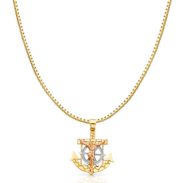 14K Gold Mariner Religious Crucifix Charm Pendant with 1.2mm Box Chain Necklace