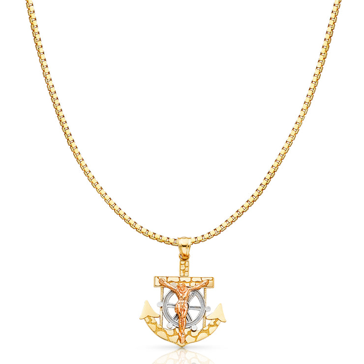 14K Gold Mariner Religious Crucifix Charm Pendant with 1.2mm Box Chain Necklace