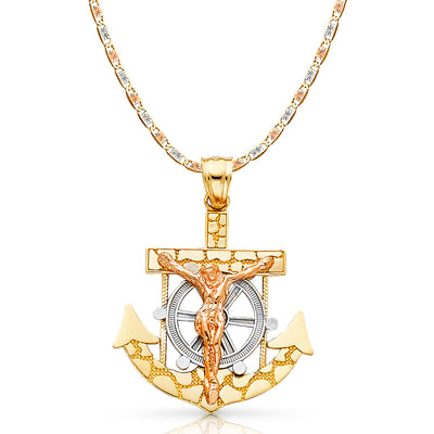 14K Gold Mariner Crucifix Charm Pendant with 4.2mm Valentino Star Diamond Cut Chain Necklace