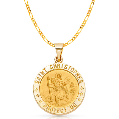 14K Gold St. Christopher Charm Pendant with 3.1mm Figaro 3+1 Chain Necklace