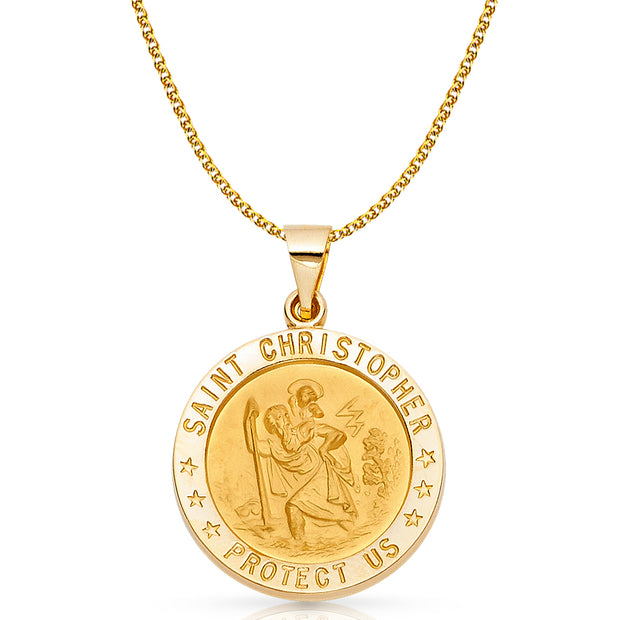 14K Gold St. Christopher Charm Pendant with 1.7mm Flat Open Wheat Chain Necklace